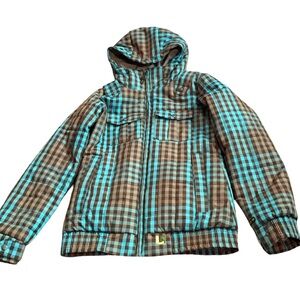 Burton Dry Ride Small Snowboard Ski Jacket Zip Brown Blue Plaid Women's W/hood